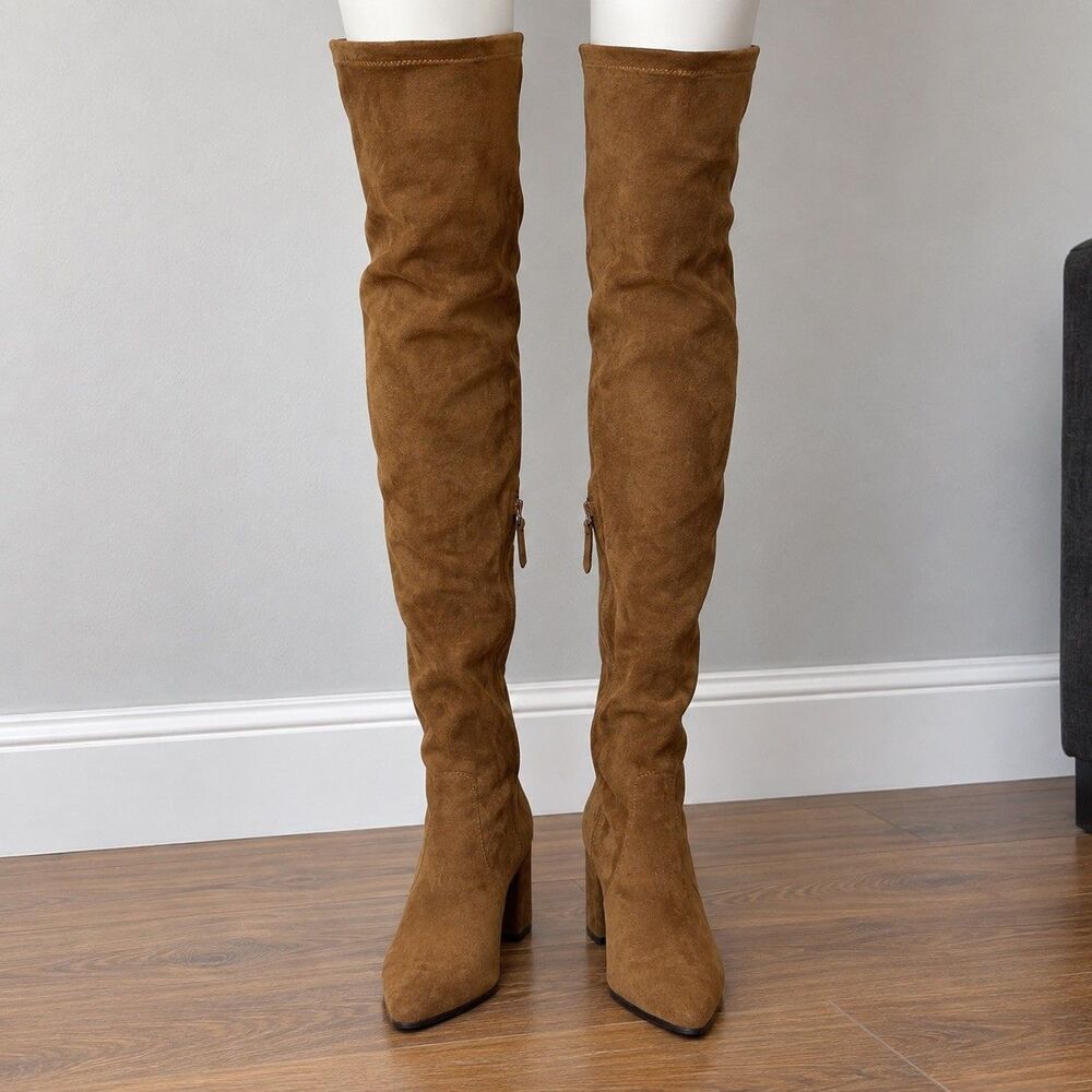 Goodnight Macaroon Marlo Tan Suede Over The Knee Boots Block Heel Size 7.5 NWOT